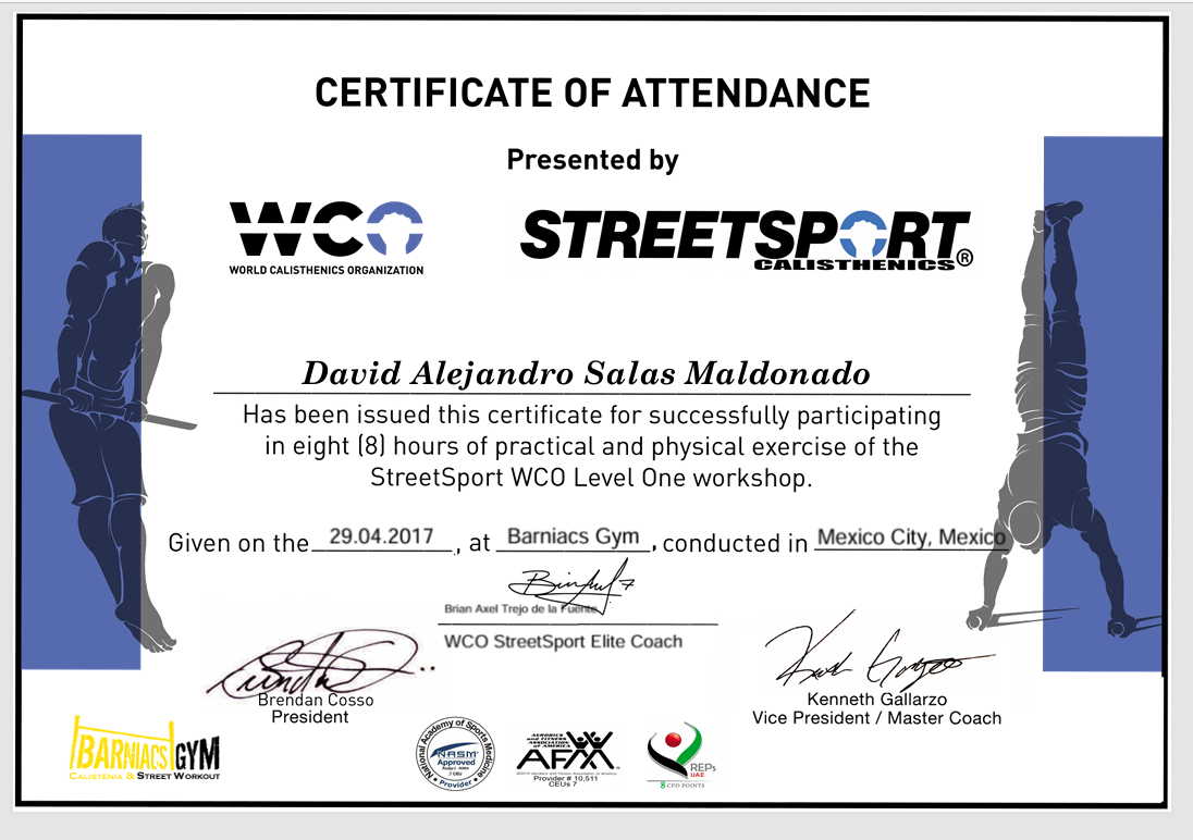 Certificado StreetSport Calisthenics Nivel 1 - WCO