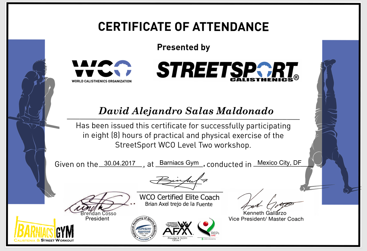 Certificado StreetSport Calisthenics Nivel 2 - WCO